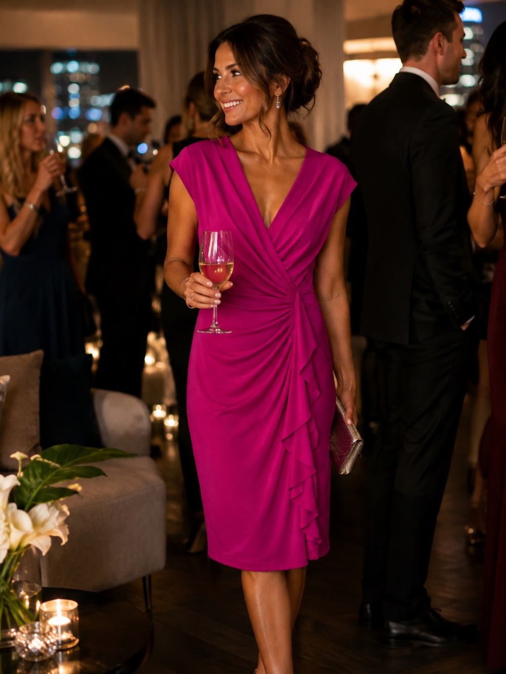 Kasper Magenta Faux Wrap Cascade Ruffle Sheath Dress Size 10 NWT Wedding Guest